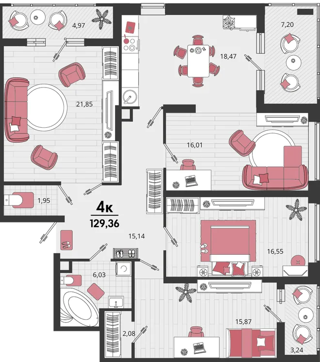 Планировка 4-комн. квартира, 129.37 м² ЖК «Родные просторы» Планировка 4-комн. квартира, 129.37 м² ЖК «Родные просторы»