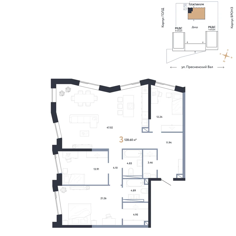 Планировка 3-комн. квартира, 128.6 м² ЖК «Репаблик»