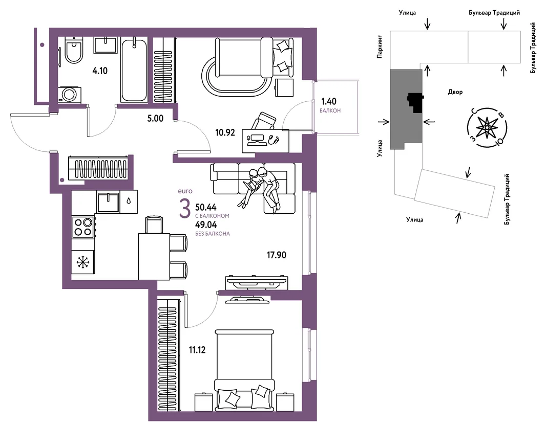 Планировка 3-комн. квартира, 50.44 м² ЖК «Микрорайон Домашний»
