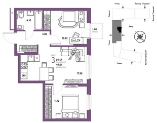 Планировка 3-комн. квартира, 50.44 м² ЖК «Микрорайон Домашний»