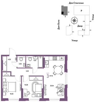 Планировка 3-комн. квартира, 57.72 м² ЖК «Европейский берег 2.0»