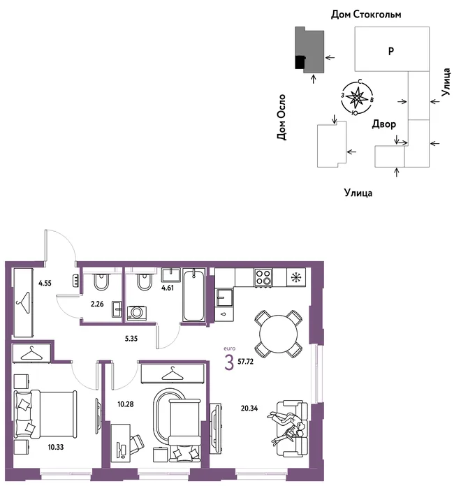 Планировка 3-комн. квартира, 57.72 м² ЖК «Европейский берег 2.0» Планировка 3-комн. квартира, 57.72 м² ЖК «Европейский берег 2.0»