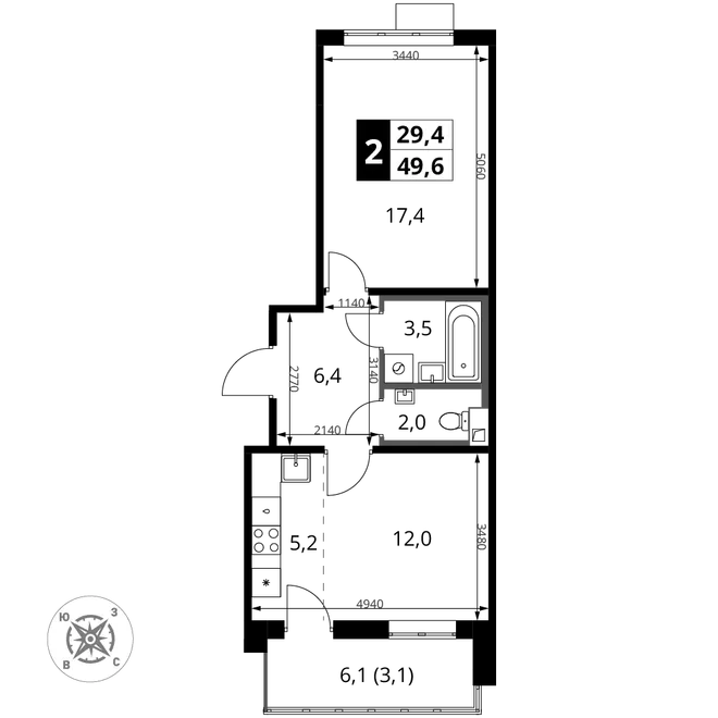 Планировка 2-комн. квартира, 49.6 м² ЖК «1-й Шереметьевский» Планировка 2-комн. квартира, 49.6 м² ЖК «1-й Шереметьевский»