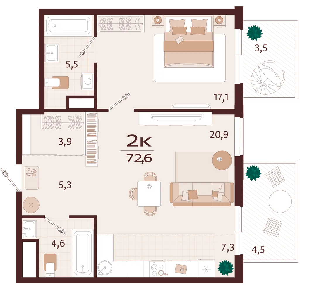 Планировка 2-комн. квартира, 72.6 м² ЖК «Роялта»