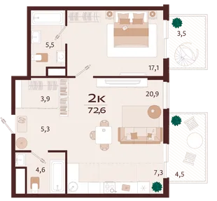 Планировка 2-комн. квартира, 72.6 м² ЖК «Роялта»