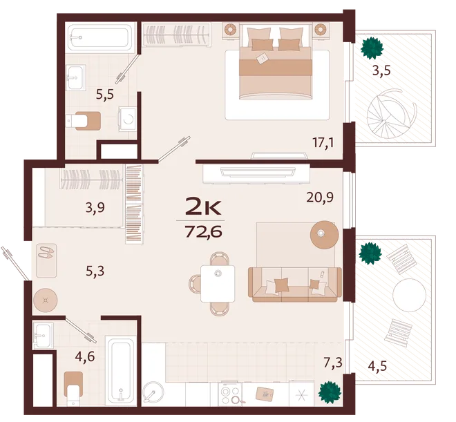 Планировка 2-комн. квартира, 72.6 м² ЖК «Роялта» Планировка 2-комн. квартира, 72.6 м² ЖК «Роялта»