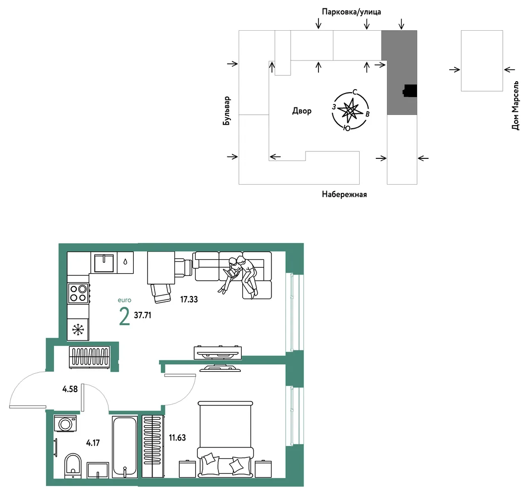 Планировка 2-комн. квартира, 37.71 м² ЖК «Европейский берег 2.0»