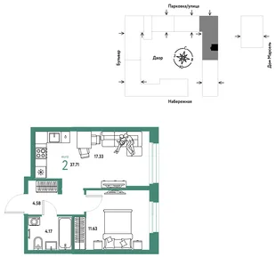 Планировка 2-комн. квартира, 37.71 м² ЖК «Европейский берег 2.0»