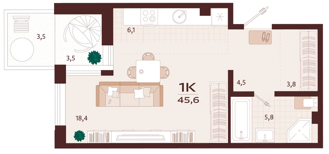Планировка 1-комн. квартира, 45.6 м² ЖК «Роялта»