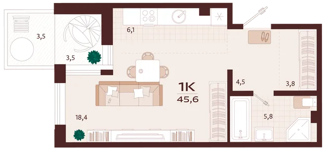 Планировка 1-комн. квартира, 45.6 м² ЖК «Роялта»