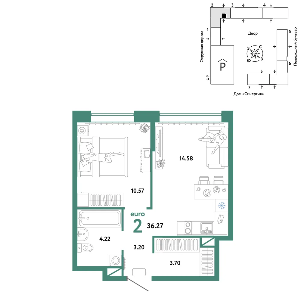 Планировка 2-комн. квартира, 36.27 м² ЖК «Юнион»