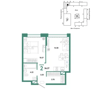 Планировка 2-комн. квартира, 36.27 м² ЖК «Юнион»