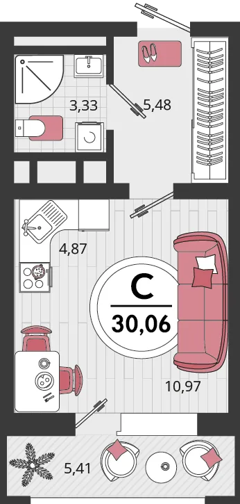 Планировка 1-комн. квартира, 30.06 м² ЖК «Родные просторы»