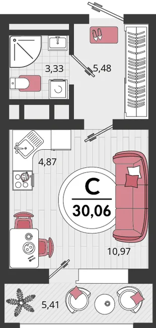 Планировка 1-комн. квартира, 30.06 м² ЖК «Родные просторы»