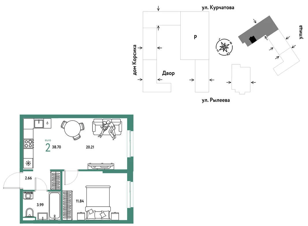 Планировка 2-комн. квартира, 38.88 м² ЖК «Остров-сад»