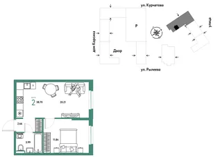 Планировка 2-комн. квартира, 38.88 м² ЖК «Остров-сад»