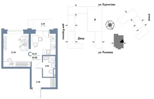 Планировка Студия, 33.47 м² ЖК «Остров-сад»