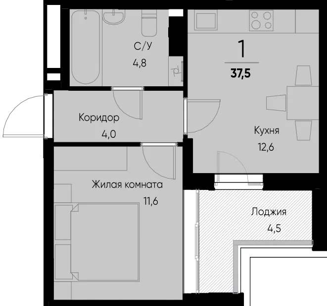 Планировка 1-комн. квартира, 37.6 м² ЖК «Васильевский остров»