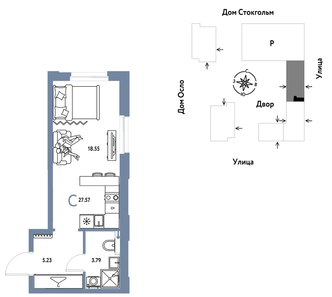 Планировка Студия, 27.57 м² ЖК «Европейский берег 2.0»