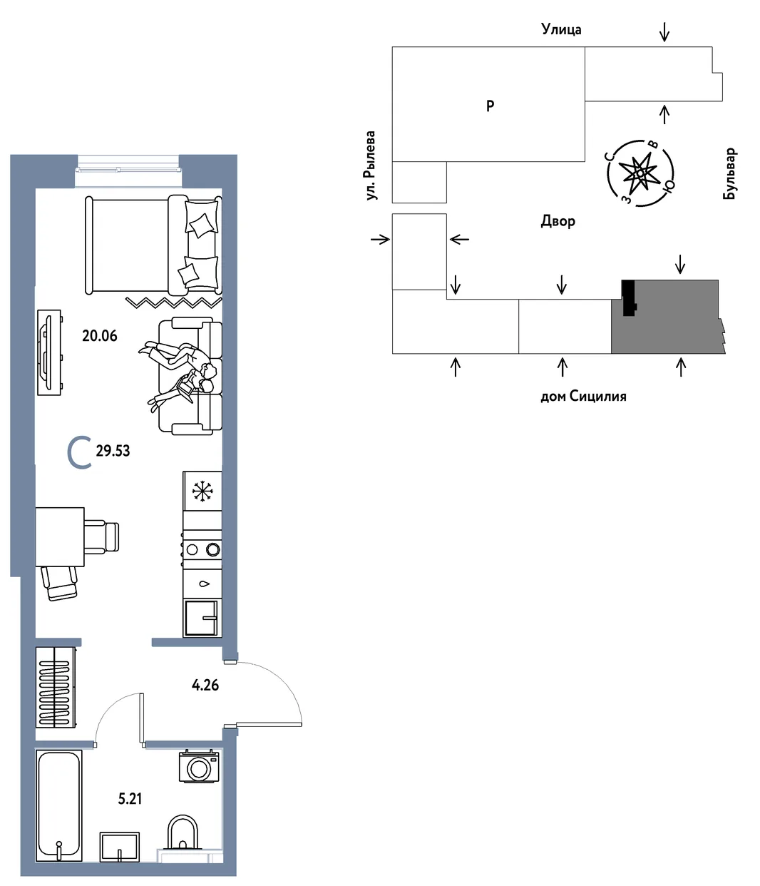 Планировка Студия, 29.53 м² ЖК «Остров-сад»