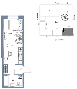 Планировка Студия, 29.53 м² ЖК «Остров-сад»