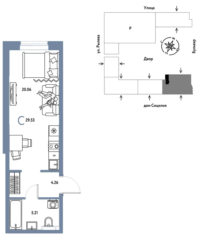 Планировка Студия, 29.53 м² ЖК «Остров-сад» Планировка Студия, 29.53 м² ЖК «Остров-сад»