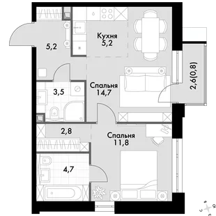 Квартира 2-комн. квартира, 48.7 м² ЖК «Флагман» Фото 1 Квартира 2-комн. квартира, 48.7 м² ЖК «Флагман» Фото 1