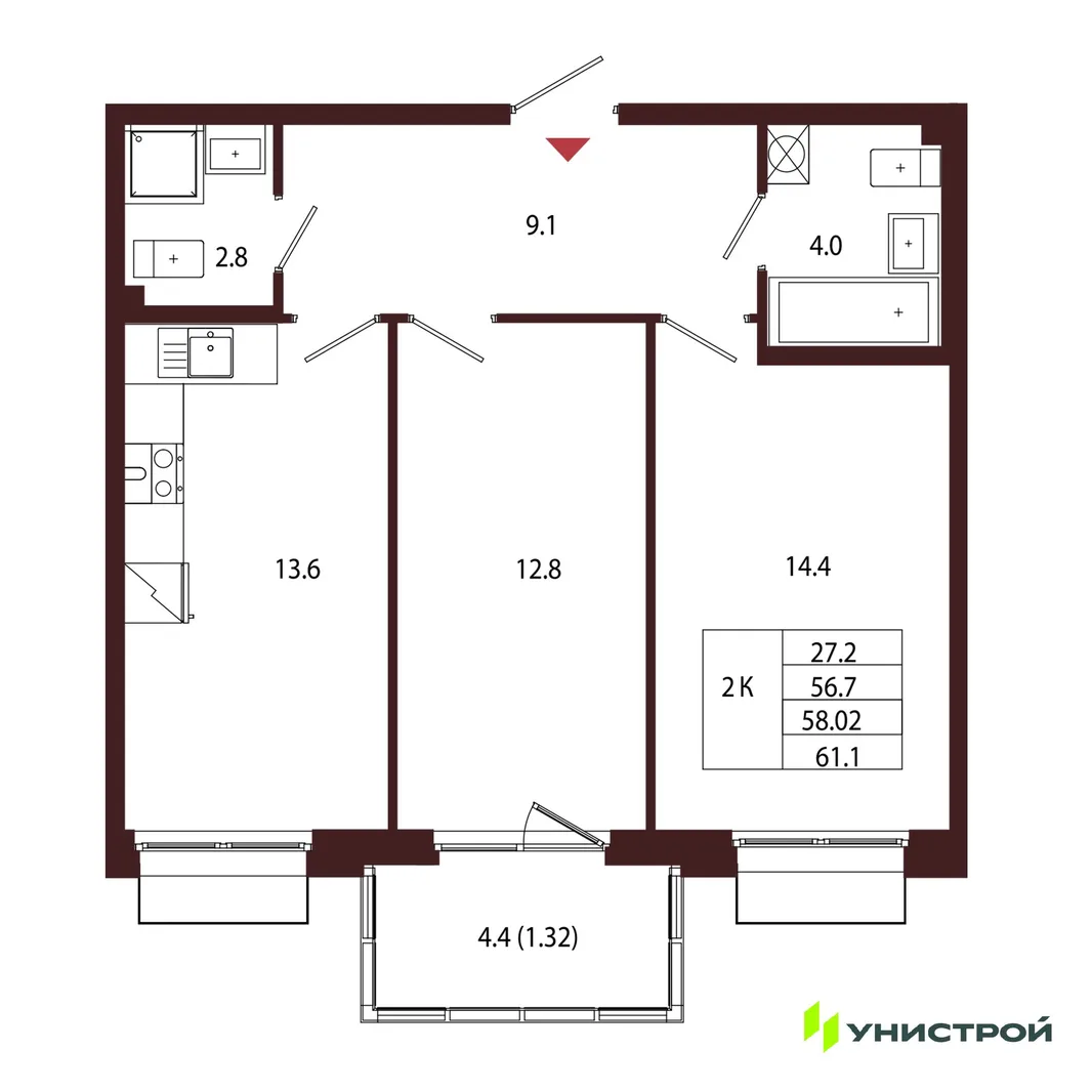 Планировка 2-комн. квартира, 58.02 м² ЖК «Лисино»