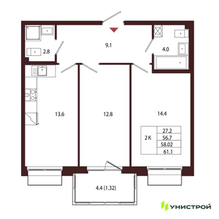 Планировка 2-комн. квартира, 58.02 м² ЖК «Лисино»