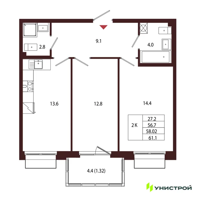 Планировка 2-комн. квартира, 58.02 м² ЖК «Лисино»