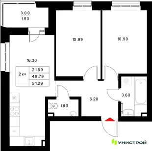 Планировка 2-комн. квартира, 51.29 м² ЖК «Уникод на Технической»