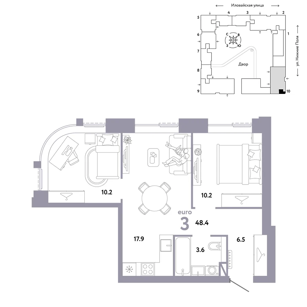 Планировка 3-комн. квартира, 48.4 м² ЖК «Страна.Заречная»