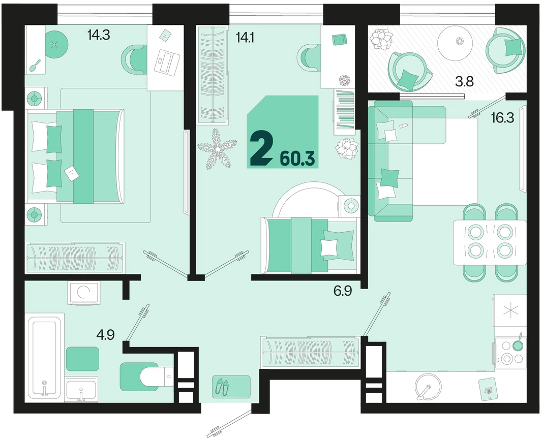 Планировка 2-комн. квартира, 60.3 м² ЖК «Первое место»