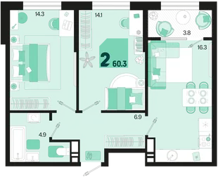 Планировка 2-комн. квартира, 60.3 м² ЖК «Первое место»