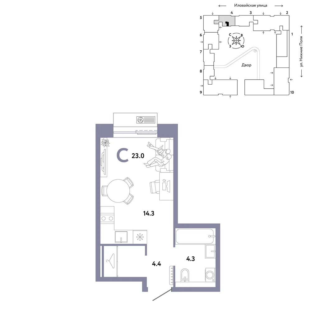 Планировка Студия, 23 м² ЖК «Страна.Заречная»