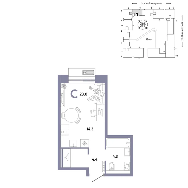 Планировка Студия, 23 м² ЖК «Страна.Заречная»