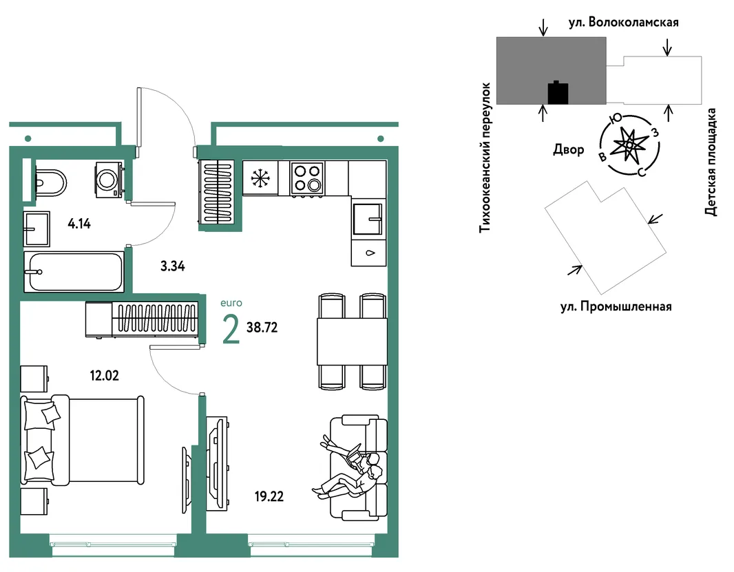 Планировка 2-комн. квартира, 38.72 м² ЖК «Страна Прибрежная»