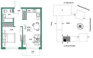 Планировка 2-комн. квартира, 40.9 м² ЖК «Сердце Сибири»