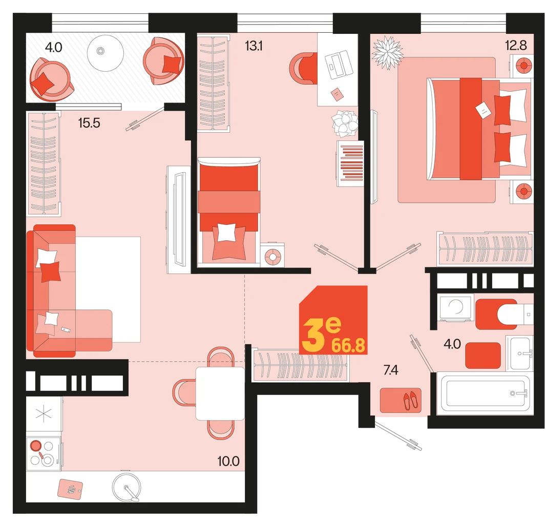 Планировка 3-комн. квартира, 66.8 м² ЖК «Первое место»