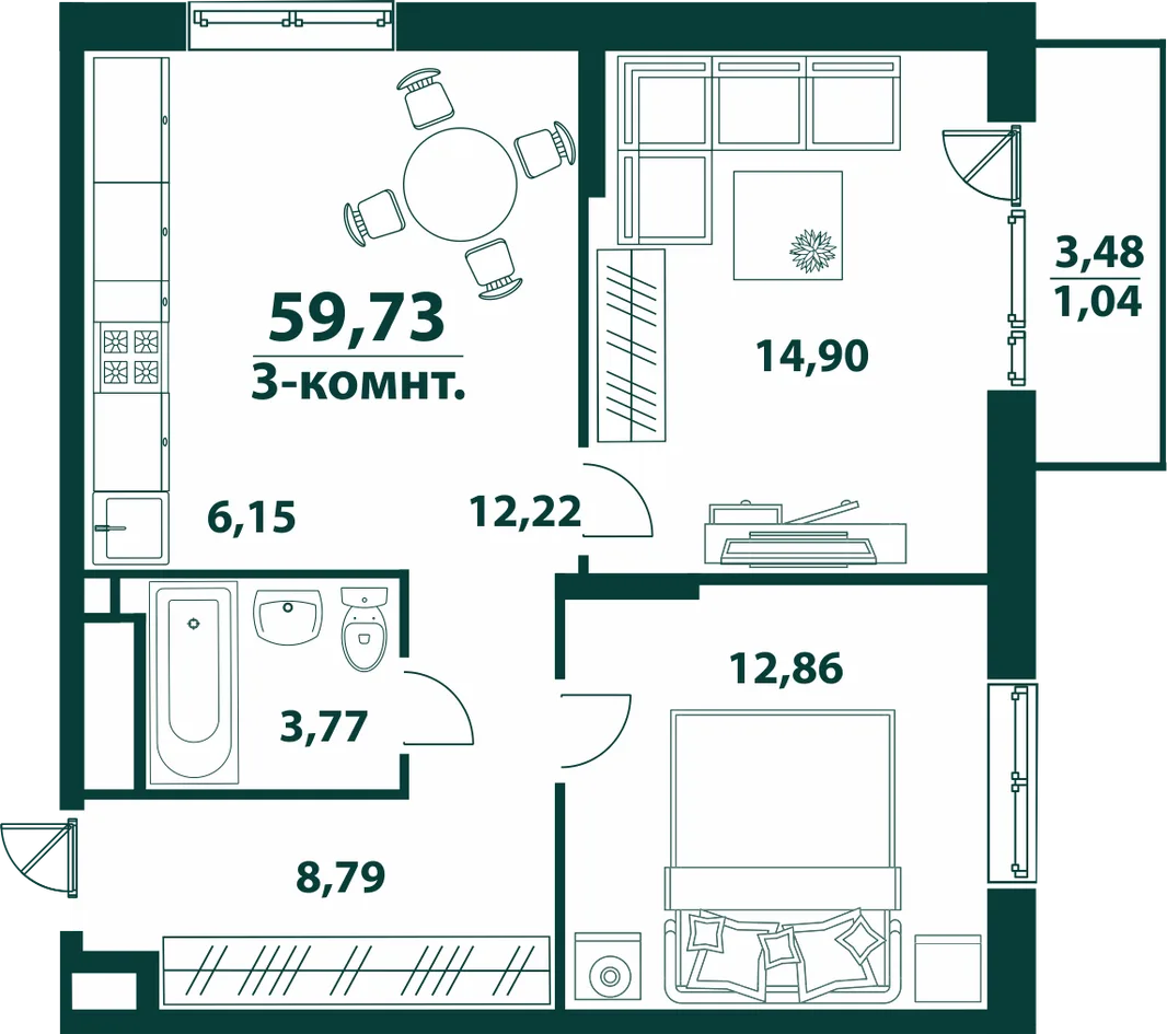 Планировка 3-комн. квартира, 59.73 м² ЖК «Аквамарин 2»