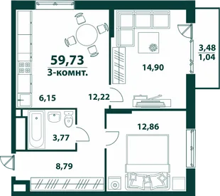Планировка 3-комн. квартира, 59.73 м² ЖК «Аквамарин 2»