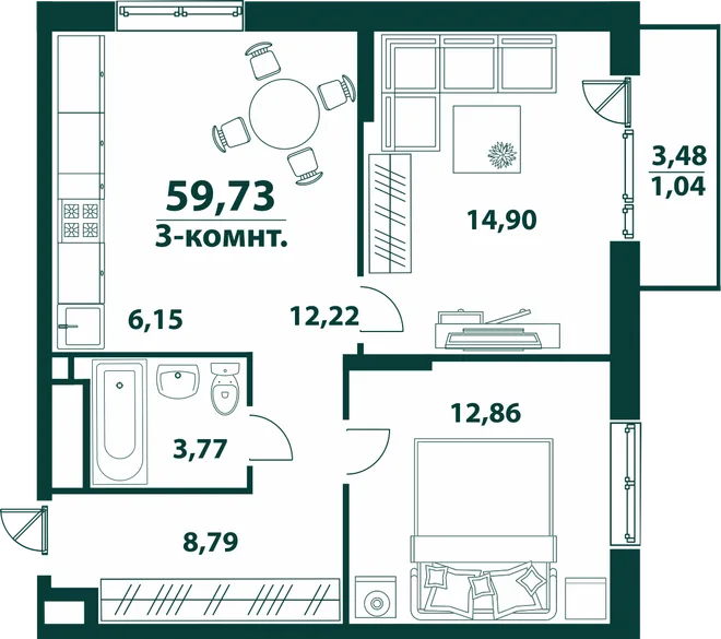 Планировка 3-комн. квартира, 59.73 м² ЖК «Аквамарин 2» Планировка 3-комн. квартира, 59.73 м² ЖК «Аквамарин 2»