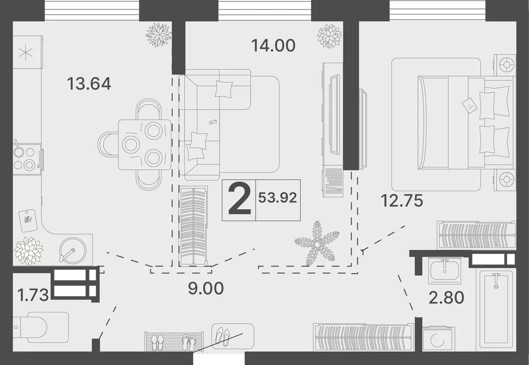 Планировка 2-комн. квартира, 53.92 м² ЖК «Светский лес»