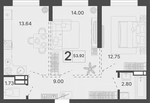 Планировка 2-комн. квартира, 53.92 м² ЖК «Светский лес»