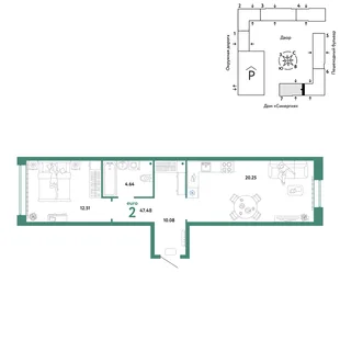 Планировка 2-комн. квартира, 47.48 м² ЖК «Юнион»