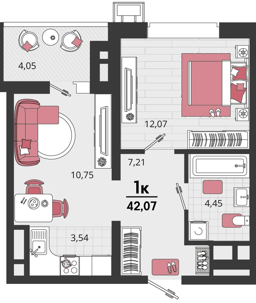 Планировка 2-комн. квартира, 42.07 м² ЖК «Родные просторы»