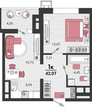Планировка 2-комн. квартира, 42.07 м² ЖК «Родные просторы»