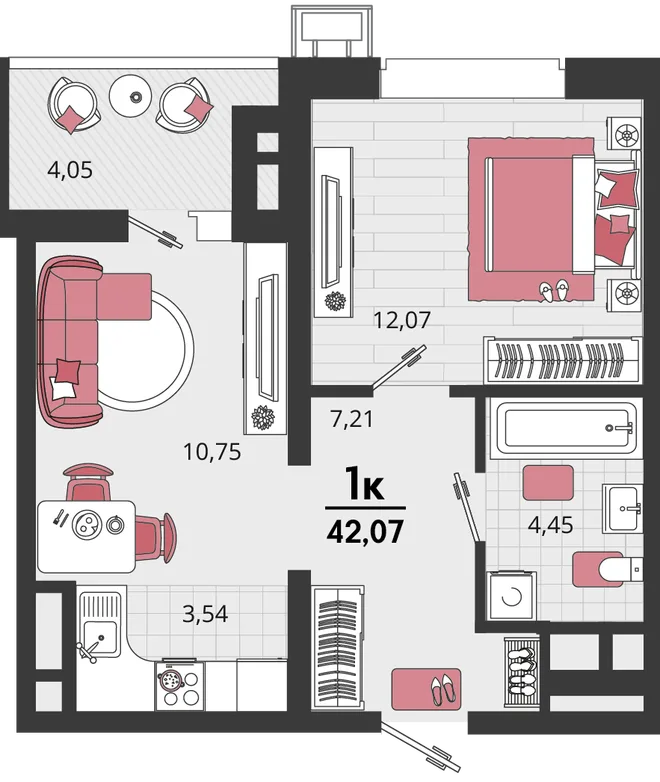 Планировка 2-комн. квартира, 42.07 м² ЖК «Родные просторы» Планировка 2-комн. квартира, 42.07 м² ЖК «Родные просторы»