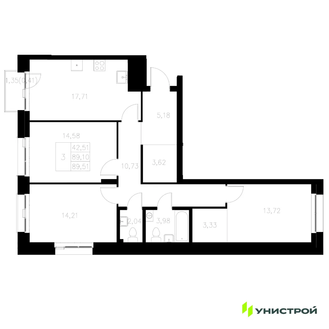 Планировка 3-комн. квартира, 89.51 м² ЖК «Statum»