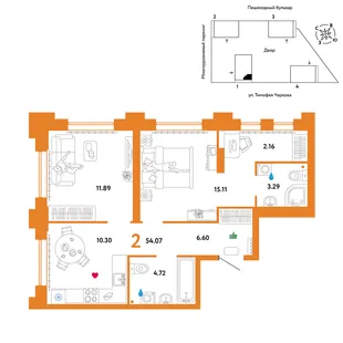 Планировка 2-комн. квартира, 54.07 м² ЖК «Микрорайон Звездный»